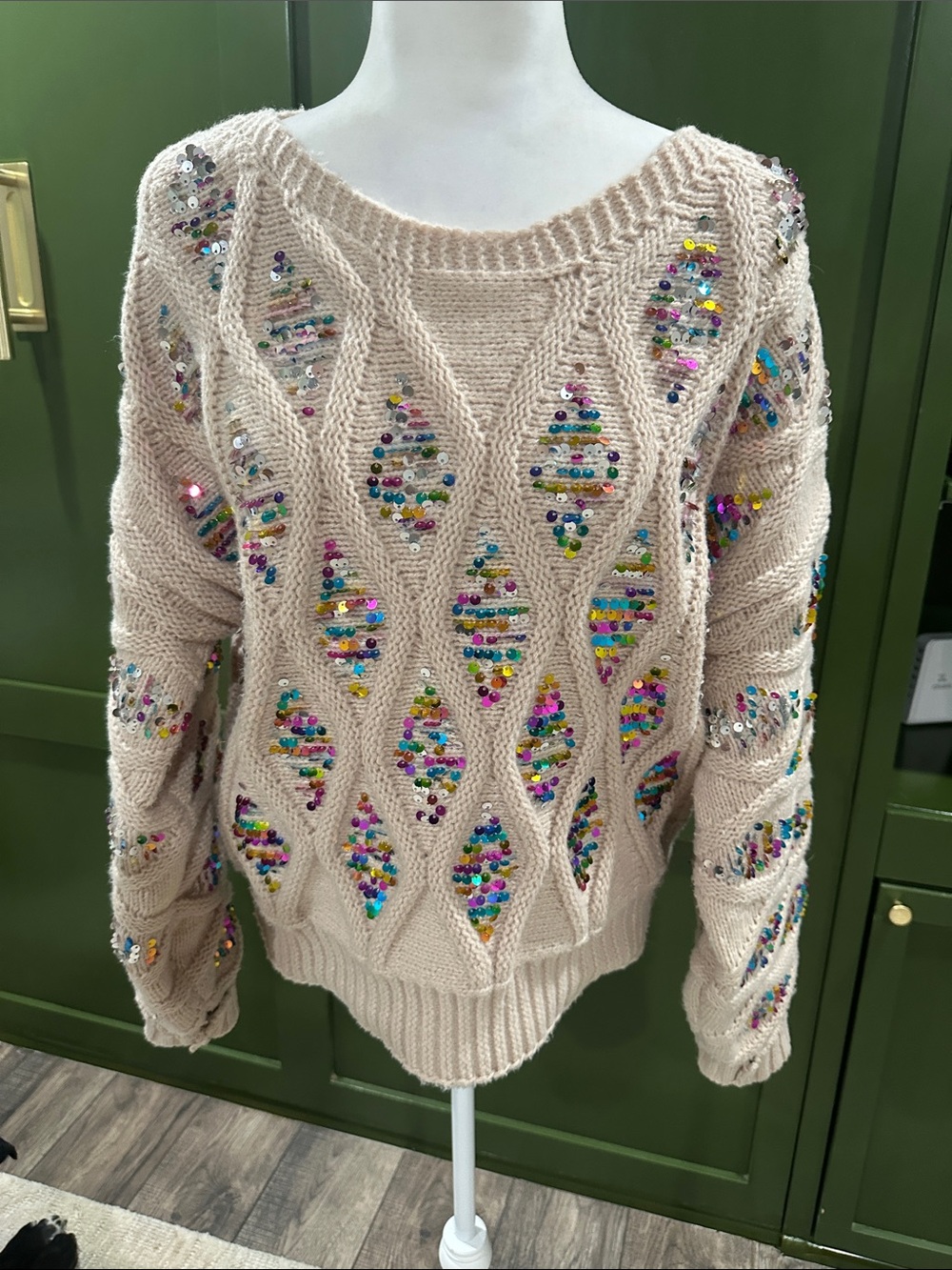 BiBi Beige Open-Knit Sweater with Multicolor Sequins